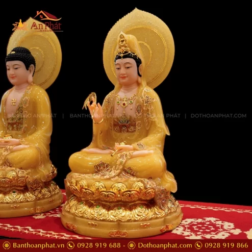 Tượng Quan Thế Âm Bồ Tát Tọa Đài Sen Dát Vàng Ngọc Thạch Có Lá Đề T2383