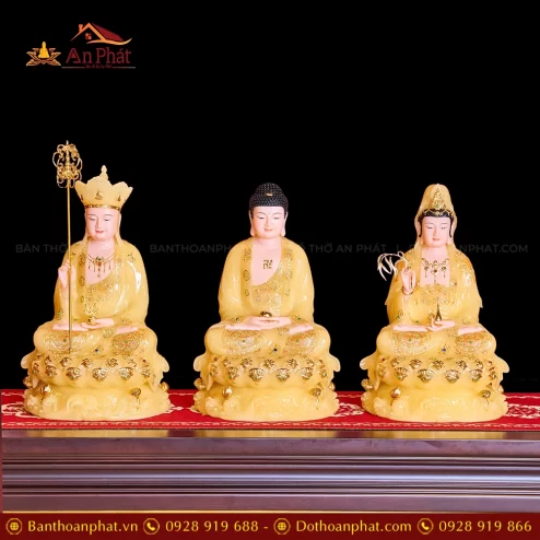 Tượng Ta Bà Tam Thánh Bột Đá Toạ Đài Sen Thạch Anh Vàng T2331