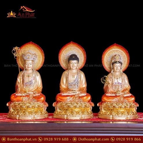 Tượng Ta Bà Tam Thánh Đá Hiệu Ứng Đồng Tọa Đài Sen Đỏ Ánh Kim Dát Vàng Có Lá Đề T2318