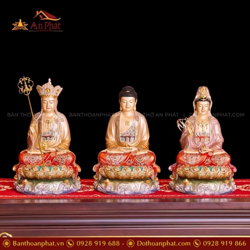 Tượng Ta Bà Tam Thánh Hiệu Ứng Đồng Tọa Đài Sen Tím Kim Cổ T2316
