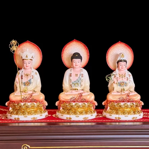 Tượng Ta Bà Tam Thánh Tọa Đài Sen Đá Cam Loang Dát Vàng Có Lá Đề T2314