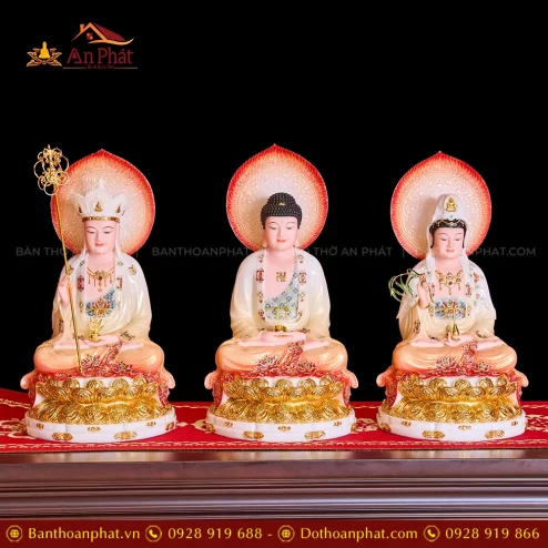 Tượng Ta Bà Tam Thánh Tọa Đài Sen Đá Cam Loang Dát Vàng Có Lá Đề T2314