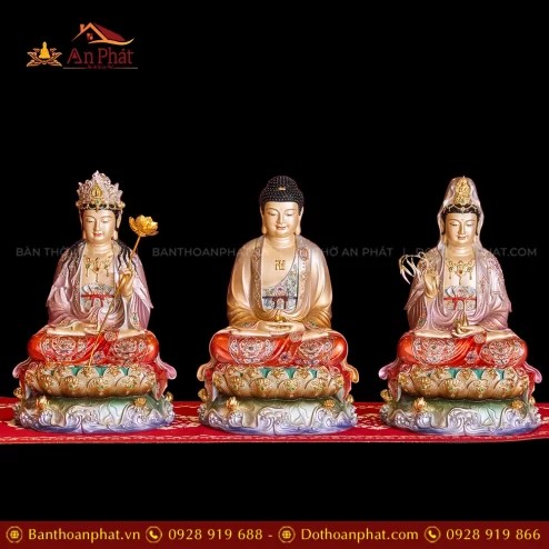 Tượng Tây Phương Tam Thánh Hiệu Ứng Đồng Tọa Đài Sen Tím Kim Cổ T2313