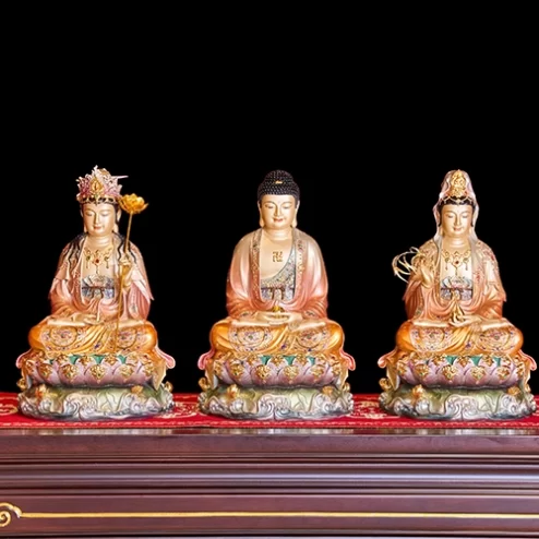 Tượng Tây Phương Tam Thánh Tọa Đài Sen Cam Ánh Vàng Đế Sen Tím T2308
