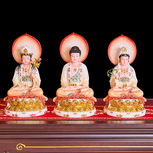 Tượng Tây Phương Tam Thánh Tọa Đài Sen Cam Loang Dát Vàng Có Lá Đề T2307