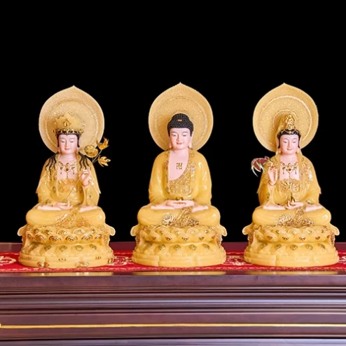 Tượng Tây Phương Tam Thánh Tọa Đài Sen Đá Vàng Thạch Anh Có Lá Đề T2309