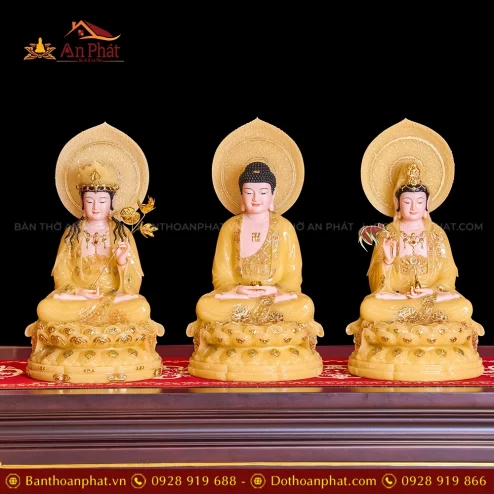 Tượng Tây Phương Tam Thánh Tọa Đài Sen Đá Vàng Thạch Anh Có Lá Đề T2309