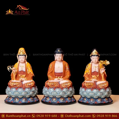 Tượng Tây Phương Tam Thánh Tọa Đài Sen Gấm Cam Đá Thạch Anh T2319