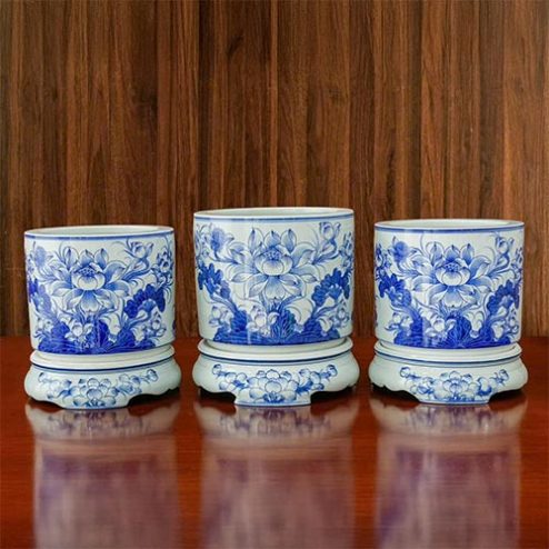 Bát Hương Bát Tràng Hoa Sen Men Lam Cao Cấp DT997