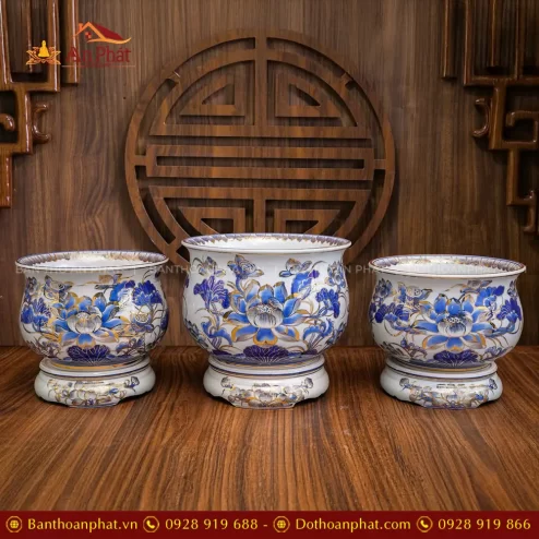 Bát Hương Lựu Vuốt Tay Men Lam Vẽ Vàng Cao Cấp DT1051