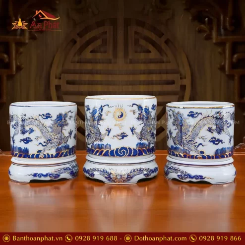 Bát Hương Men Lam Vẽ Vàng Cao Cấp Gốm Bát Tràng DT1046