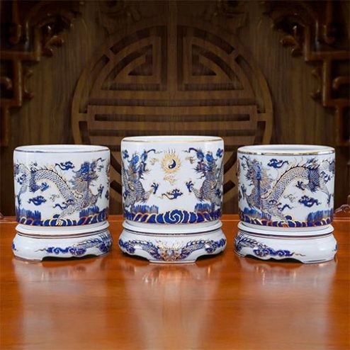 Bát Hương Men Lam Vẽ Vàng Cao Cấp Gốm Bát Tràng DT1046