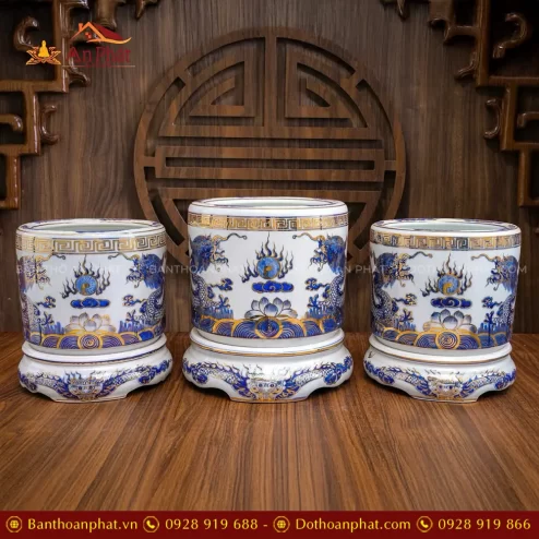 Bát Hương Vẽ Vàng Cao Cấp Men Lam Bát Tràng DT1047