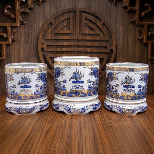 Bát Hương Vẽ Vàng Cao Cấp Men Lam Bát Tràng DT1047