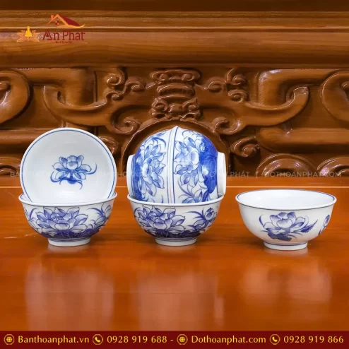 Bát Thờ Cúng Men Lam Bát Tràng Mẫu Hoa Sen DT1019