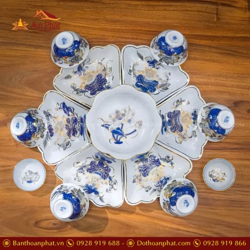 Bộ Bát Đĩa Thờ Hoa Mặt Trời Men Lam Vẽ Vàng Cao Cấp DT1067