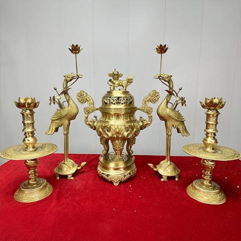 Bộ Đỉnh Hạc Bằng Đồng Vàng Cao Cấp Mẫu 5 Chữ Hán Phúc - Lộc - Thọ - Khang - Ninh DT1096