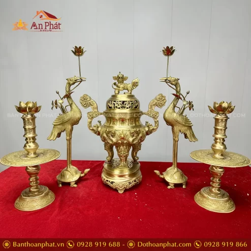 Bộ Đỉnh Hạc Bằng Đồng Vàng Cao Cấp Mẫu 5 Chữ Hán Phúc - Lộc - Thọ - Khang - Ninh DT1096