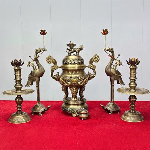 Bộ Đỉnh Hạc Đồng Cao Cấp 5 Chữ Hán Phúc - Lộc - Thọ - Khang - Ninh DT1085