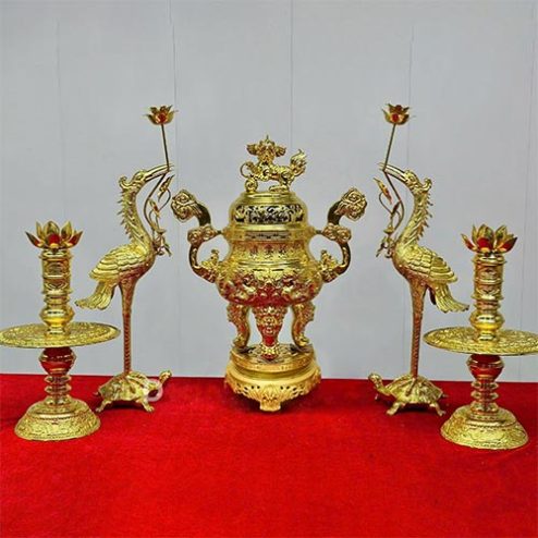 Bộ Đỉnh Hạc Đồng Cao Cấp Mẫu Phúc Lộc Thọ Khang Ninh Dát Vàng Toàn Bộ DT1088