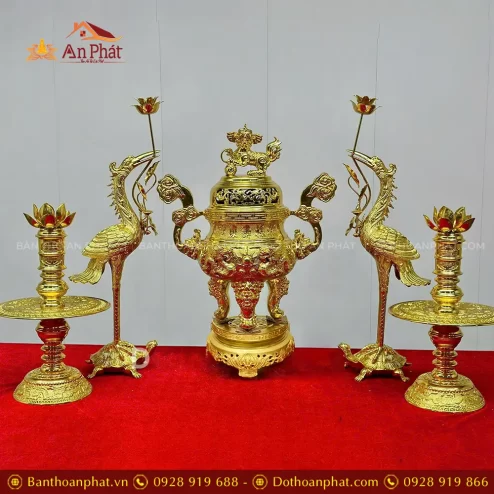 Bộ Đỉnh Hạc Đồng Cao Cấp Mẫu Phúc Lộc Thọ Khang Ninh Dát Vàng Toàn Bộ DT1088