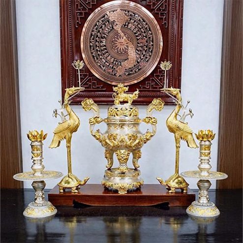 Bộ Đỉnh Hạc Kim Bảo Bằng Đồng Cao Cấp Mạ Bạc Dát Vàng DT1095