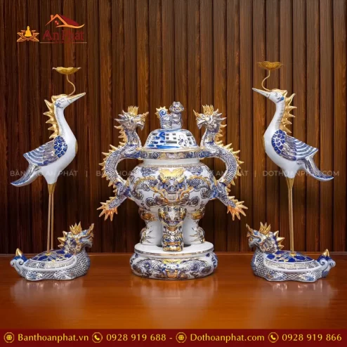 Bộ Đỉnh Hạc Men Lam Vẽ Vàng Cao Cấp Sứ Bát Tràng DT1073