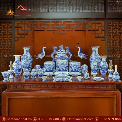 Bộ Đồ Thờ Bát Tràng Men Lam Cao Cấp Mẫu Hoa Sen BDT11918