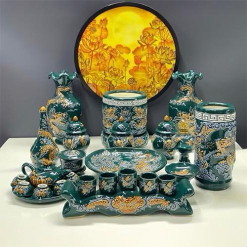 Bộ Đồ Thờ Bát Tràng Men Màu Xanh Lục Bảo 1 Bát Hương BDT194