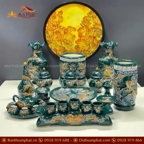 Bộ Đồ Thờ Bát Tràng Men Màu Xanh Lục Bảo 1 Bát Hương BDT194