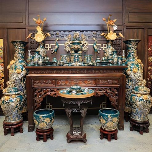 Bộ Đồ Thờ Gia Tiên Cao Cấp Vẽ Vàng Bát Tràng Xanh Lục Bảo BDT11902