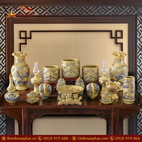 Bộ Đồ Thờ Gia Tiên Men Hoàng Thổ Đắp Nổi Vẽ Vàng BDT11901