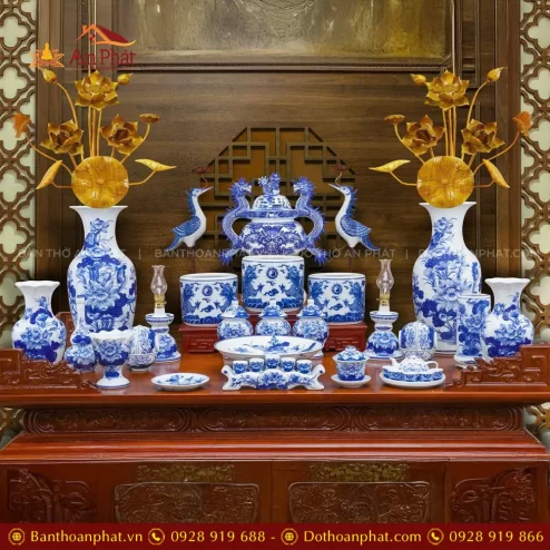 Bộ Đồ Thờ Gia Tiên Men Lam Bát Tràng BDT11907