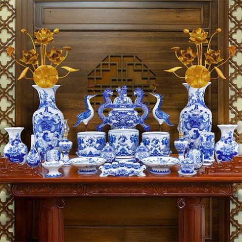 Bộ Đồ Thờ Gia Tiên Men Lam Bát Tràng Lọ Lộc Bình Phúc Đức BDT11909