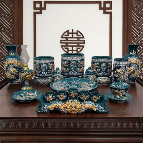 Bộ Đồ Thờ Gốm Sứ Bát Tràng Đắp Nổi Men Màu Xanh BDT196