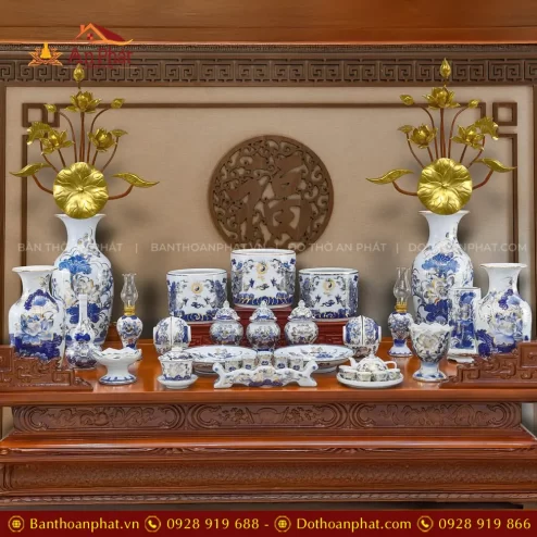 Bộ Đồ Thờ Gốm Sứ Men Lam Vẽ Vàng Bát Tràng Cao Cấp BDT11925