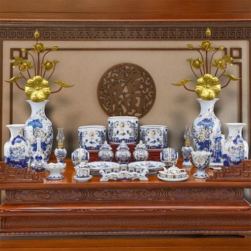 Bộ Đồ Thờ Gốm Sứ Men Lam Vẽ Vàng Bát Tràng Cao Cấp BDT11925