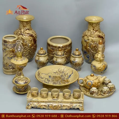 Bộ Đồ Thờ Hoàng Thổ Vẽ Vàng Cao Cấp Bát Tràng BDT197