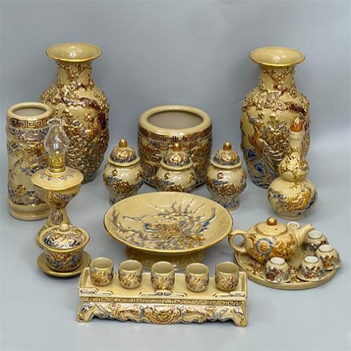 Bộ Đồ Thờ Hoàng Thổ Vẽ Vàng Cao Cấp Bát Tràng BDT197