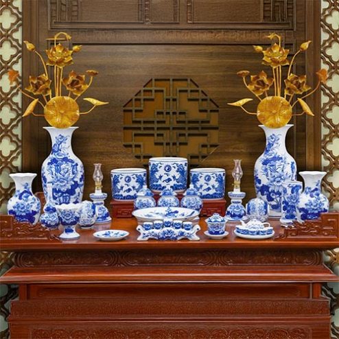 Bộ Đồ Thờ Men Lam Bát Tràng 3 Bát Hương BDT11908