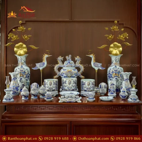 Bộ Đồ Thờ Men Lam Vẽ Vàng Vuốt Tay Hàng Kỹ Cao Cấp BDT11927