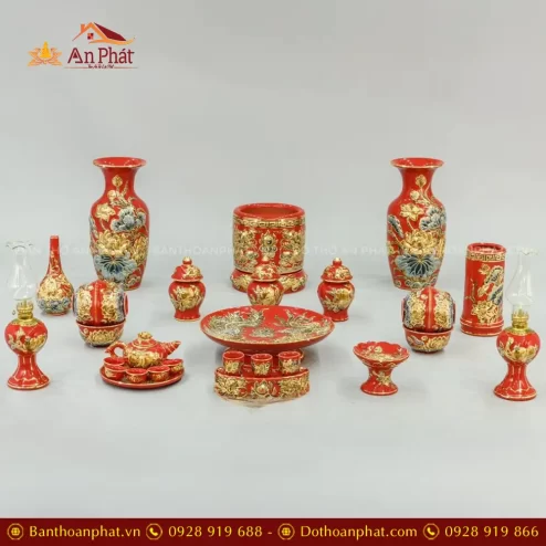 Bộ Đồ Thờ Men Màu Đỏ Đắp Nổi Vẽ Vàng Cao Cấp BDT199