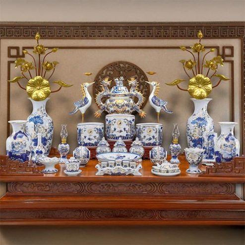 Bộ Đồ Thờ Vẽ Vàng Cao Cấp Men Lam Bát Tràng BDT11922