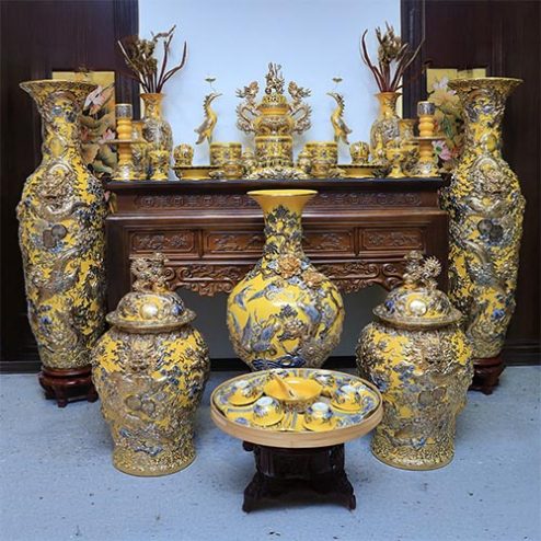 Bộ Đồ Thờ Vẽ Vàng Cao Cấp Men Màu Vàng Bát Tràng BDT200