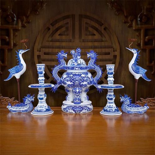 Bộ Ngũ Sự Gốm Sứ Bát Tràng Men Lam Cao Cấp DT1043