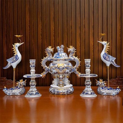 Bộ Ngũ Sự Men Lam Vẽ Vàng Cao Cấp Gốm Bát Tràng DT1074