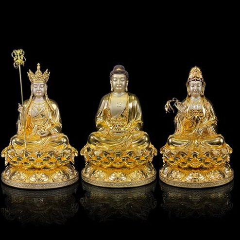 Bộ Tượng Ta Bà Tam Thách Đồng Dát Vàng Cao Cấp Mẫu Ngồi Hoa Sen T2367