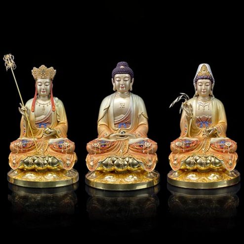 Bộ Tượng Ta Bà Tam Thánh Ngồi Đài Sen Bằng Đồng Men Cổ Sơn Cao Cấp T2368