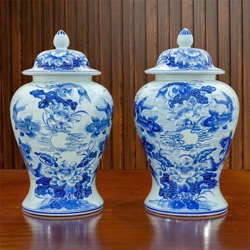 Choé Thờ Cao Cấp Men Lam Mẫu Sen Cá Chép DT1003