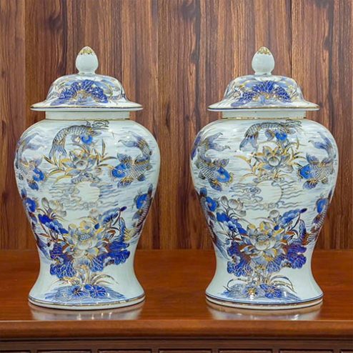 Choé Thờ Sen Cá Chép Men Lam Vẽ Vàng Cao Cấp DT1053